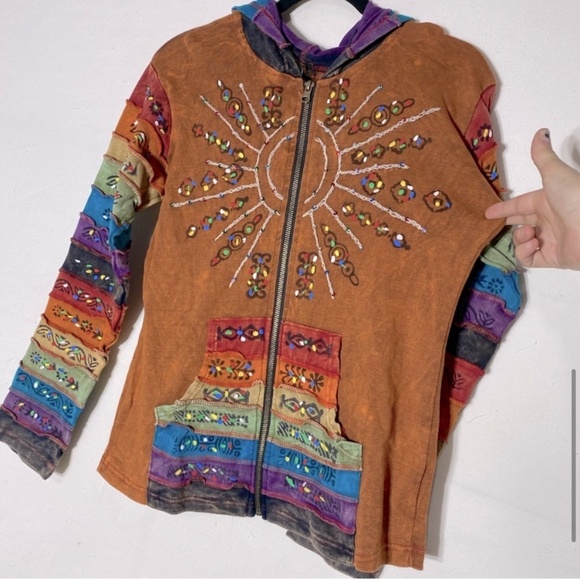 Rising International Orange Sun Rainbow Patchwork Stone Wash Full Zip Hoodie M - Picture 9 of 14